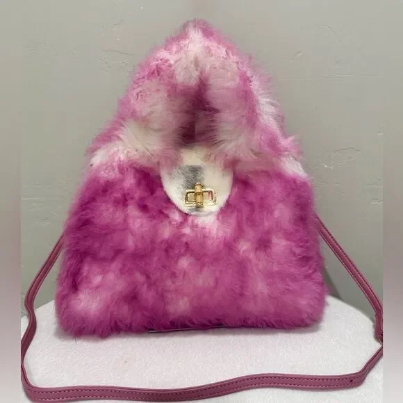 2 Tone Real Lamb Fur Handmade Top Handle, Fold Over Flap Handbag, Crossbody bag - Picture 5 of 16